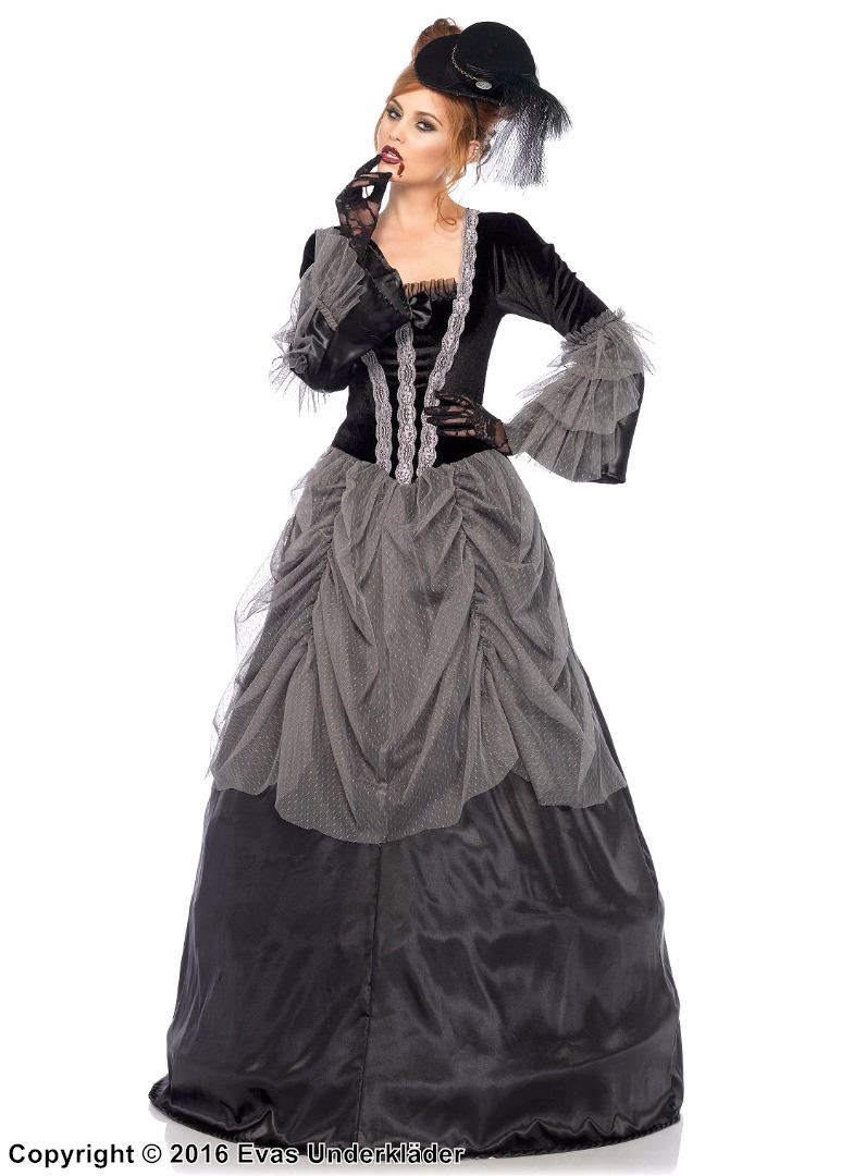 Mina Harker från Dracula, maskeradklänning i satin med sammet, rynkad mesh och volanger